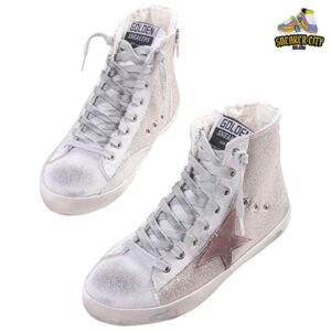 SATUKI Women’s High-Top Sneakers – Distressed Design, Lace-Up Star Glitter Fashion Shoes